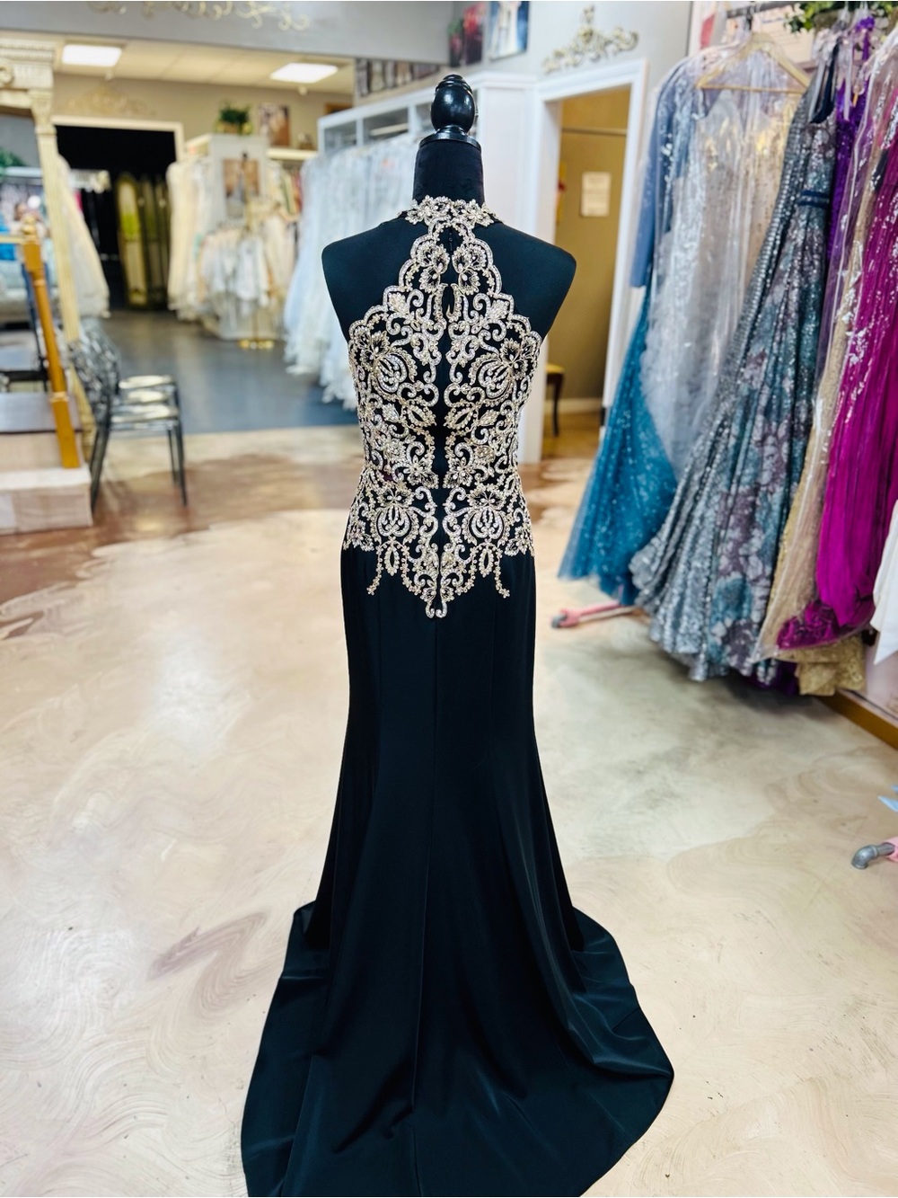 Jovani Black Prom Gown with Gold Appliqué Halter - Picture 3 of 6